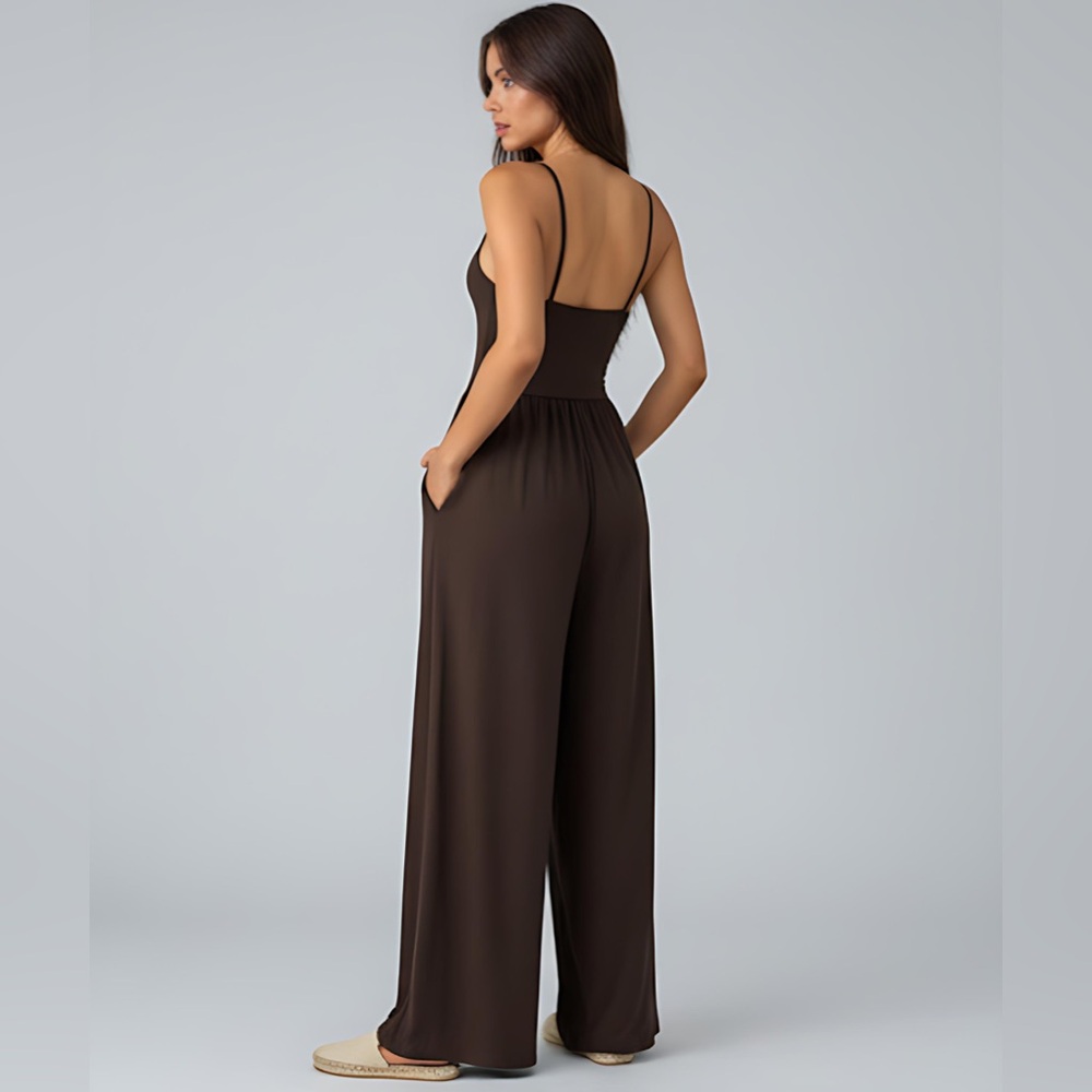 Boho Spaghetti Strap Wide Leg Jumpsuit With Pockets Brown - Picture 4 of 9